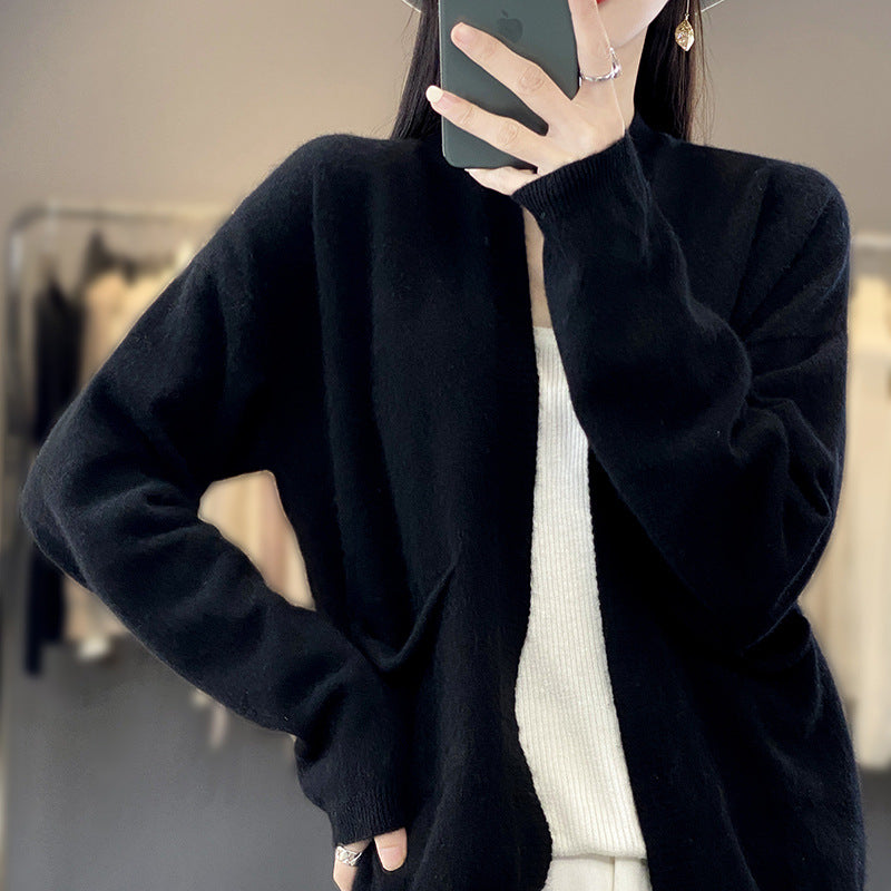 Spring And Autumn New Cardigan Solid Color And V-neck Thin Loose Slimming And All-matching Coat With Pocket