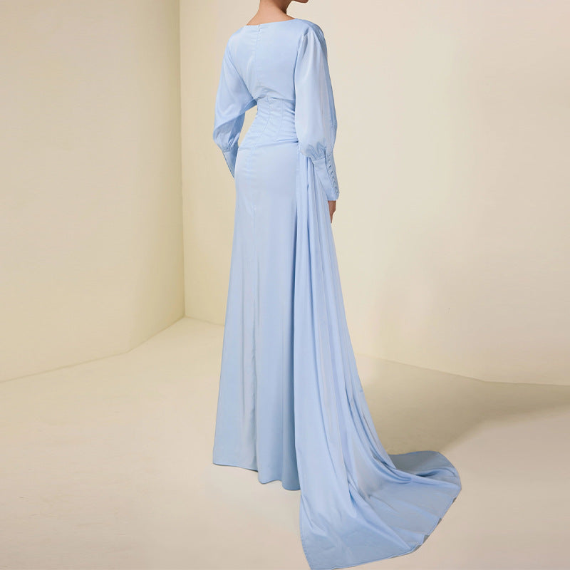 Round-neck Pleated Lantern-sleeve Light-blue Elegant Long Dress