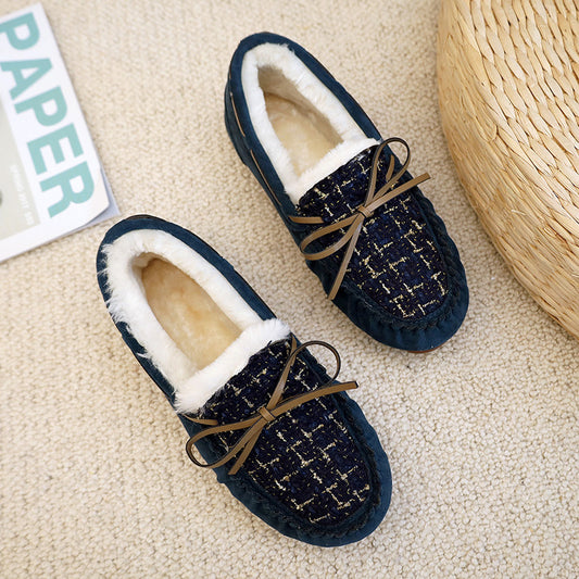 Soft-soled Lambs Wool Shoes Women's Round Toe Warm Large Size Bow