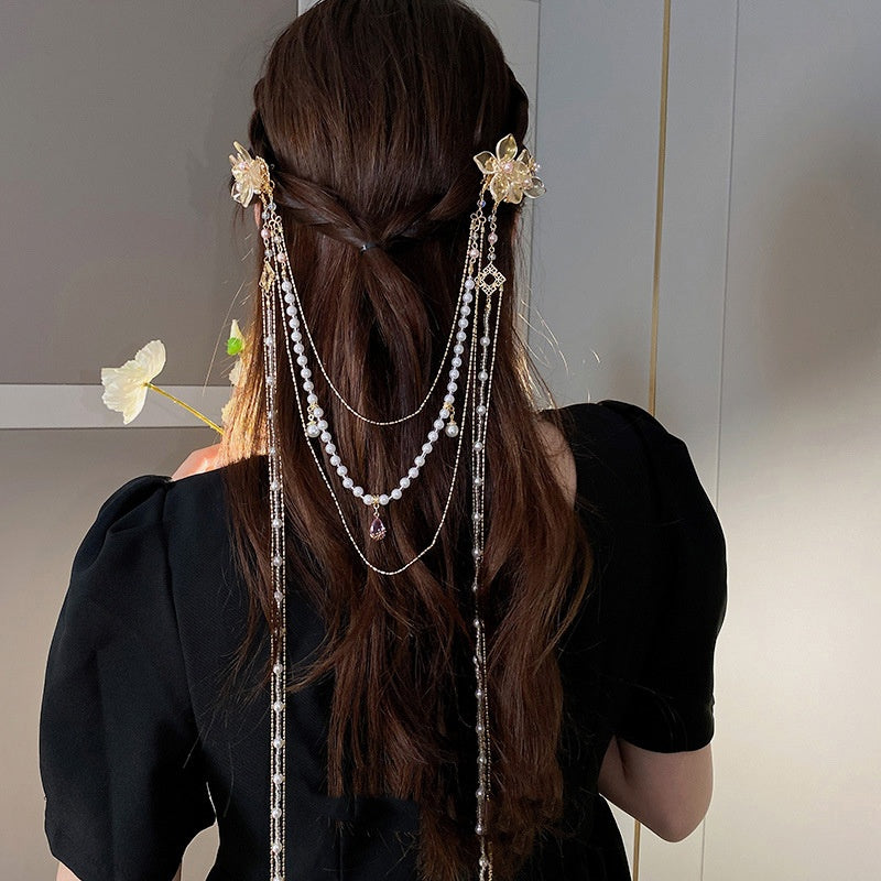 Women's Pearl Diamond Flower Long Tassel Hairpin