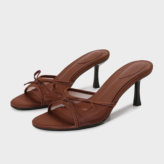 Womens Brown Mesh Sandals With Bow Detail And High Heel
