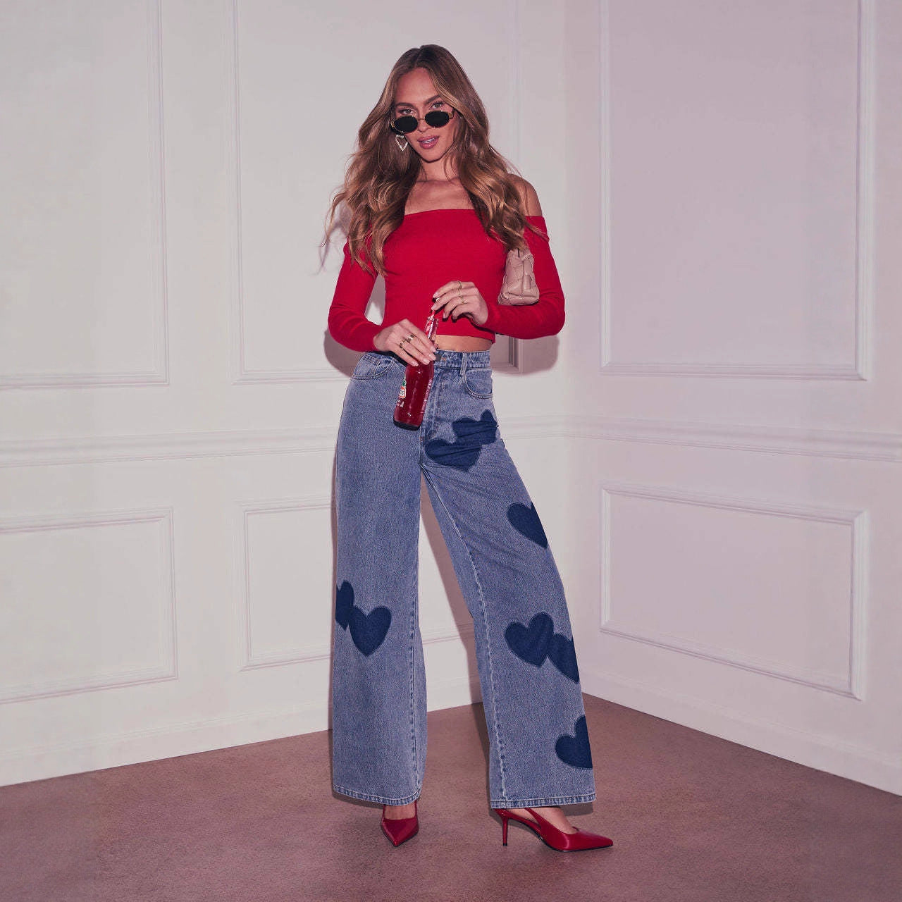 Retro Washed Relaxed Fit Wide Leg Denim Jeans With A Heart Print Design