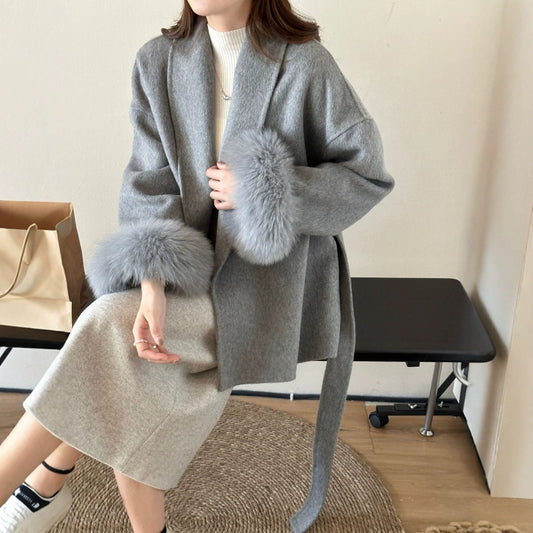 Lace-up Green Collar Double-sided Wool Coat