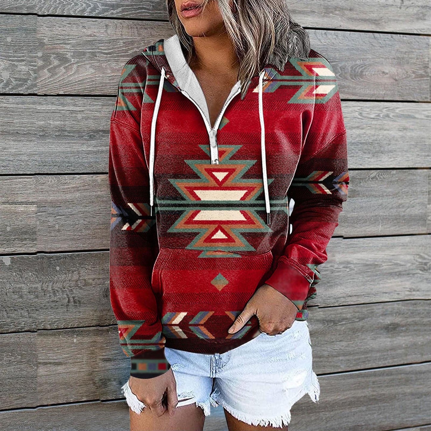 European And American Women's Zip Pocket Print Casual Hoodie