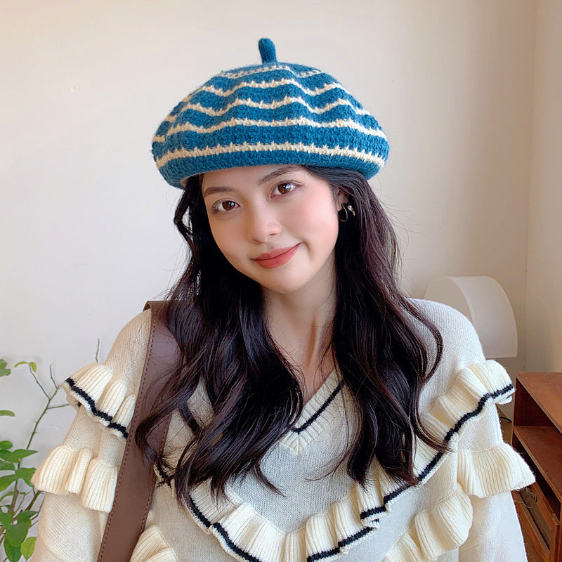 New Women's All-match Knitted Wool Striped Beret To Keep Warm