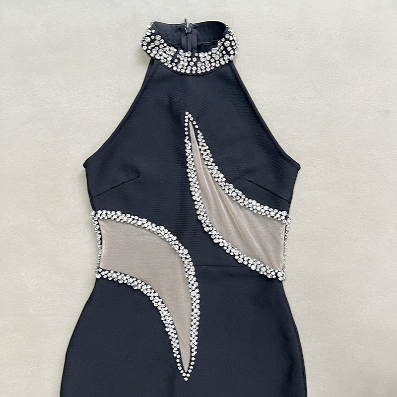 New Sleeveless Mesh Bandage Dress With Sparkling Rhinestones For Evening Occasions