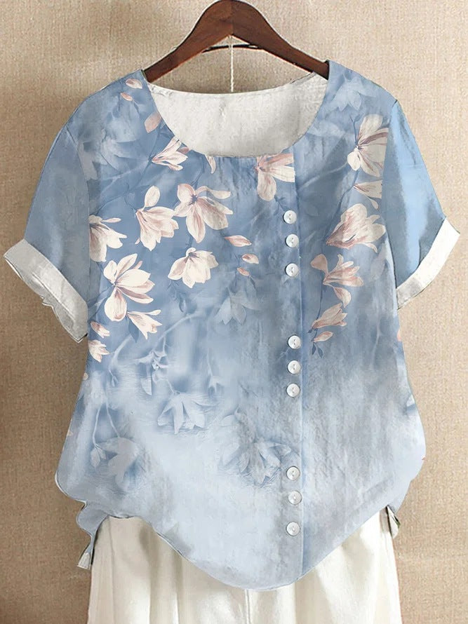 Retro Cotton And Linen Printed Loose Casual Shirt Short-sleeved T-shirt For Women