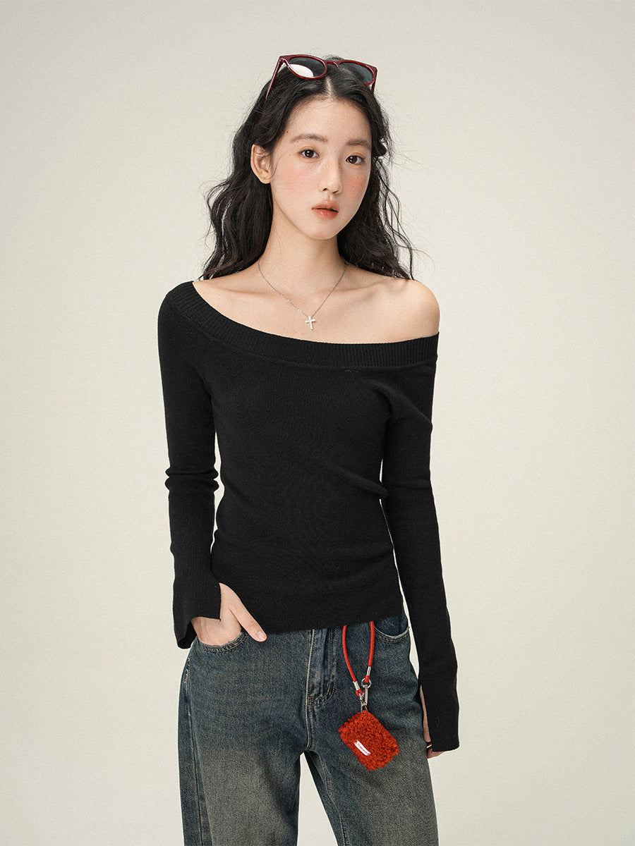 Pure Desire Oblique Angle Shoulder Soft Knit Sweater Base Shirt