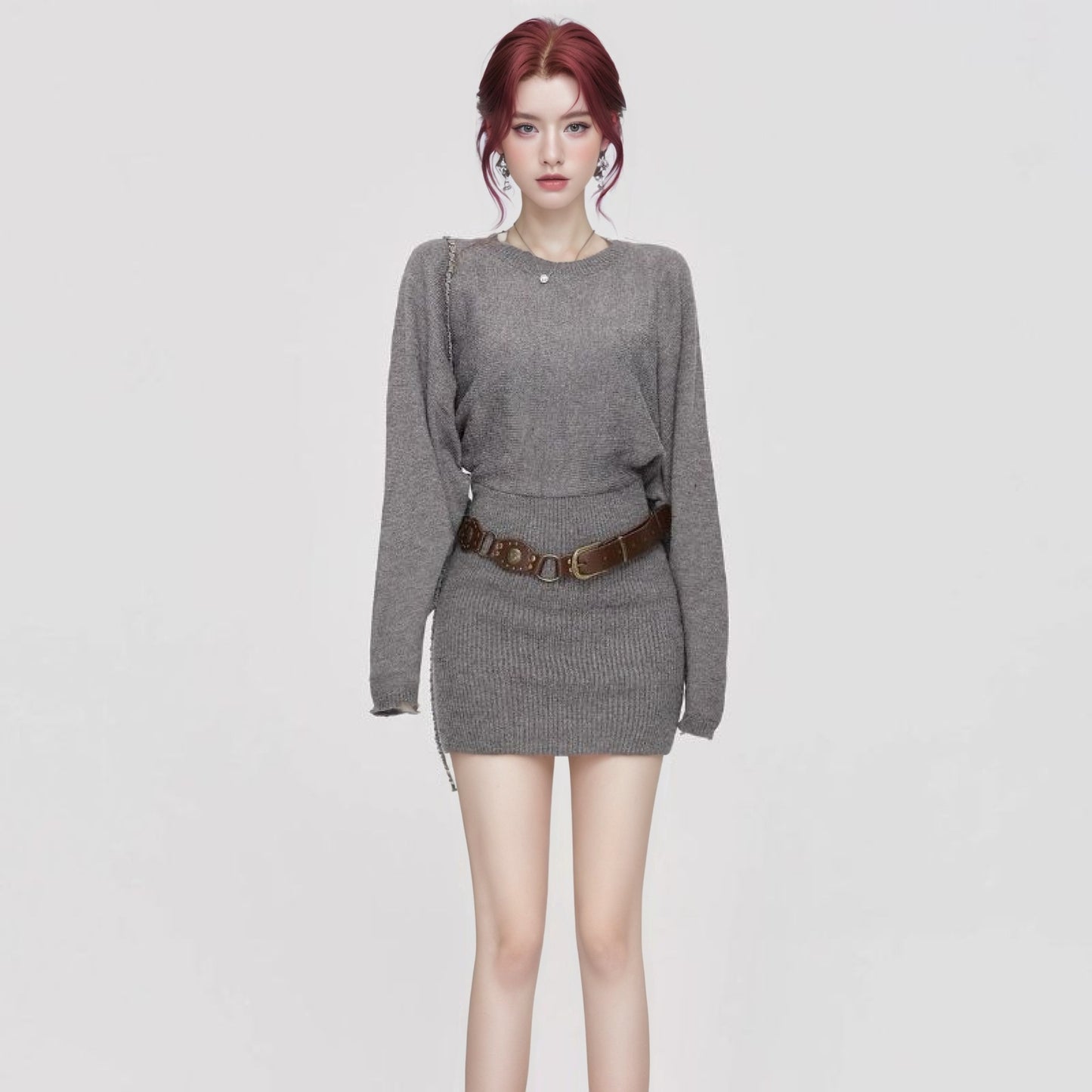 Womens Cinched Sheath-Fit Pure-Desire Knitted Sweater Dress For Layering