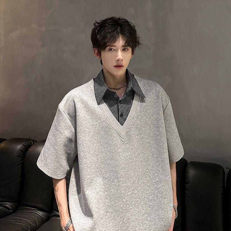 Casual Style Fake Two-Piece Shirt Collar Short-Sleeve Top For Men