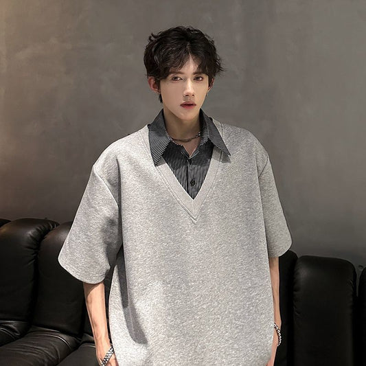 Casual Style Fake Two-Piece Shirt Collar Short-Sleeve Top For Men