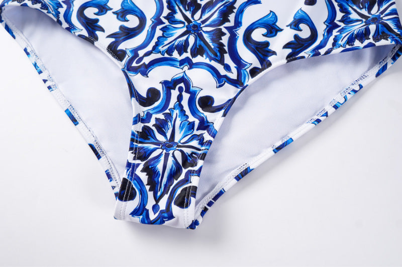 One-piece Blue And White Porcelain Printed Swimsuit Suit For Women