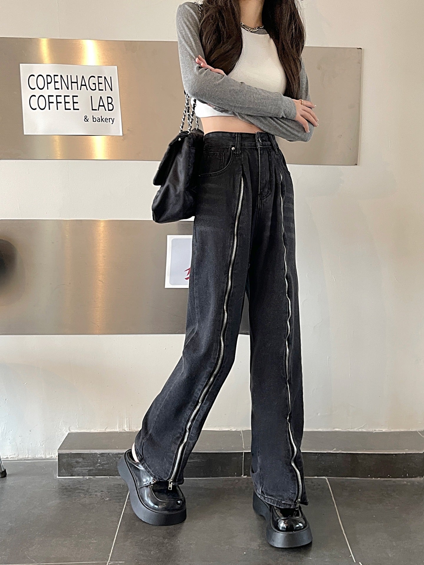 Retro Washed Zipper Chessboard Plaid Jeans Loose Hip Hop Casual Pants