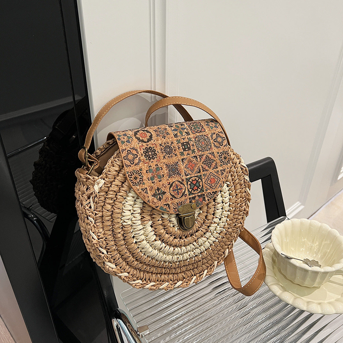 Seaside Holiday Small Crossbody Round Bag Round Cake Straw Bag