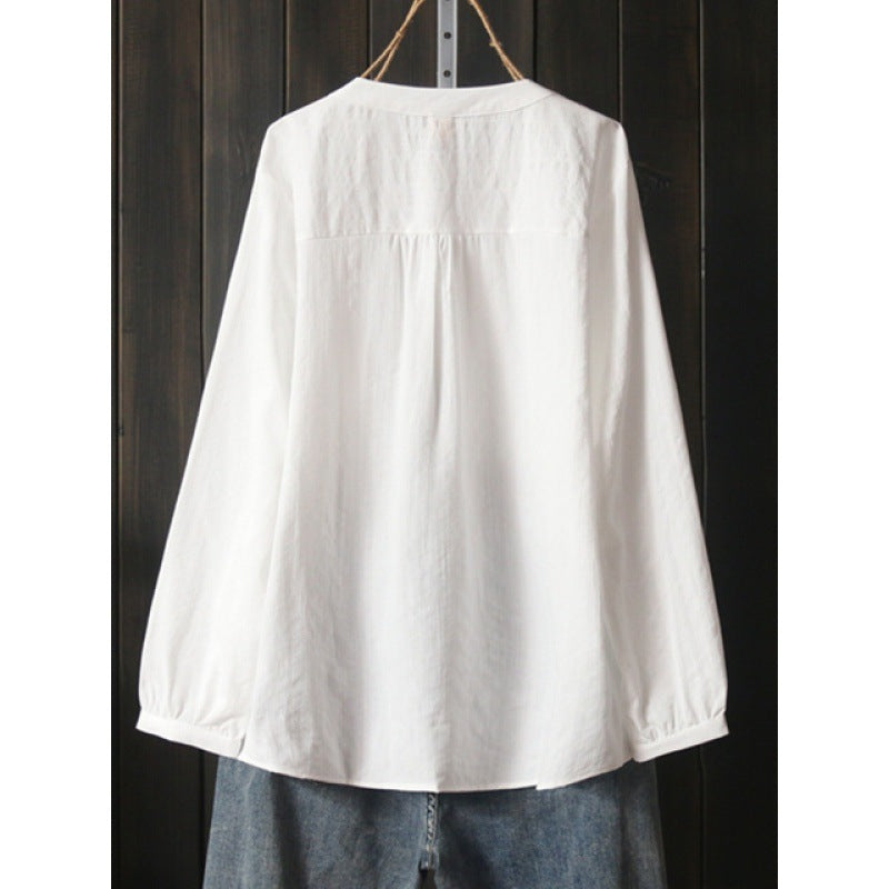 Womens Loose Versatile White Long-Sleeve Embroidered Shirt