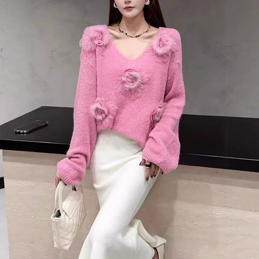 Gentle Style 3D Floral V-neck Sweet Age-reducing Sweater