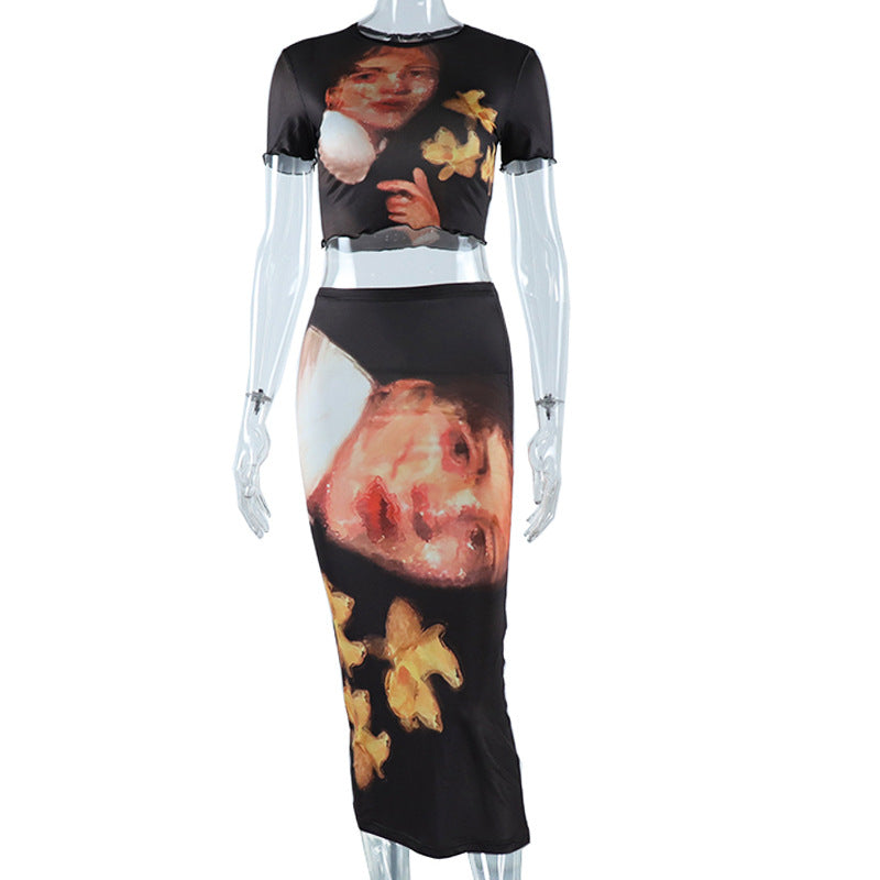 Women's Round-neck Top And Midi Skirt Two-piece Set