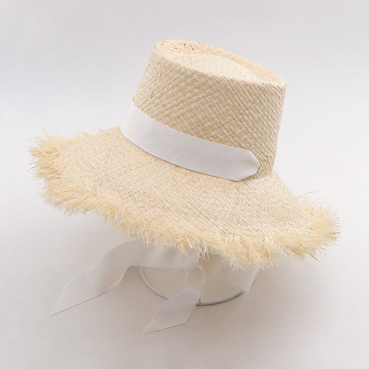 Raffia Tie Flat Top Frayed Straw Hat