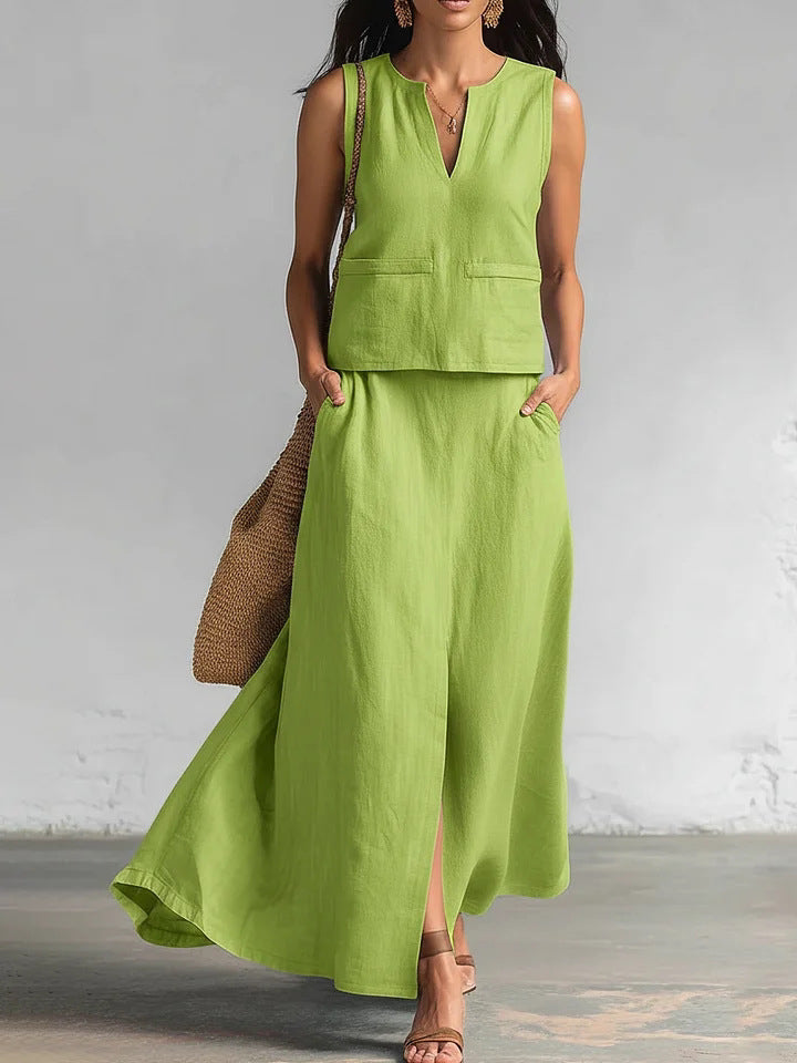 Simple And Elegant Two-piece Set Featuring A V-neck Top And A Skirt