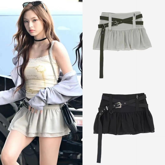 Belted Ruffled Versatile Spicy Girl Chiffon Short Skirt Pleated Skirt