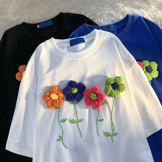 Women's Summer Loose Three-dimensional Flower Short-sleeved T-shirt