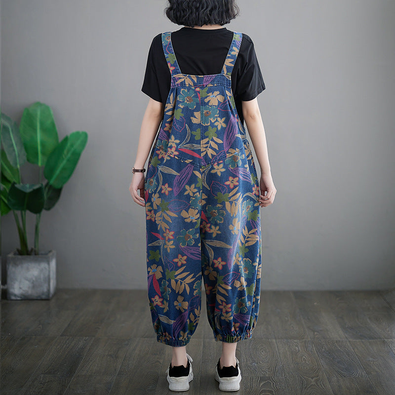Loose Slimming Slim Fit Printed Cropped Denim Suspender Pants