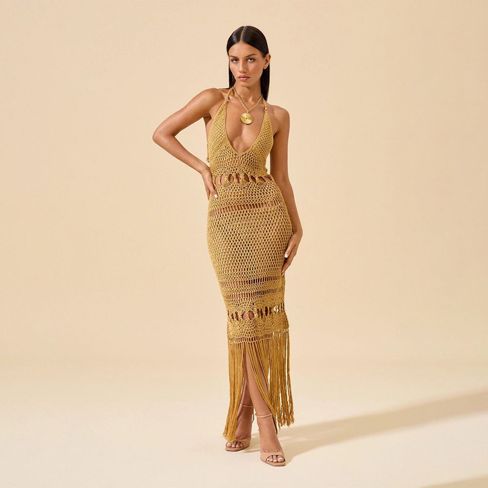 Stroppet Strikket Sexet Udhulet Fringe Maxikjole