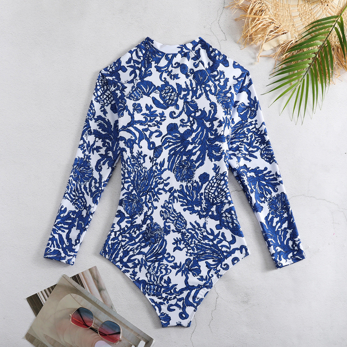 Blue Printed Triangle One-piece Swimsuit Round Neck