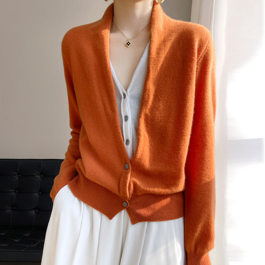 Pure Wool Women's Spring And Autumn V-neck Stitching Coat Knitted Top