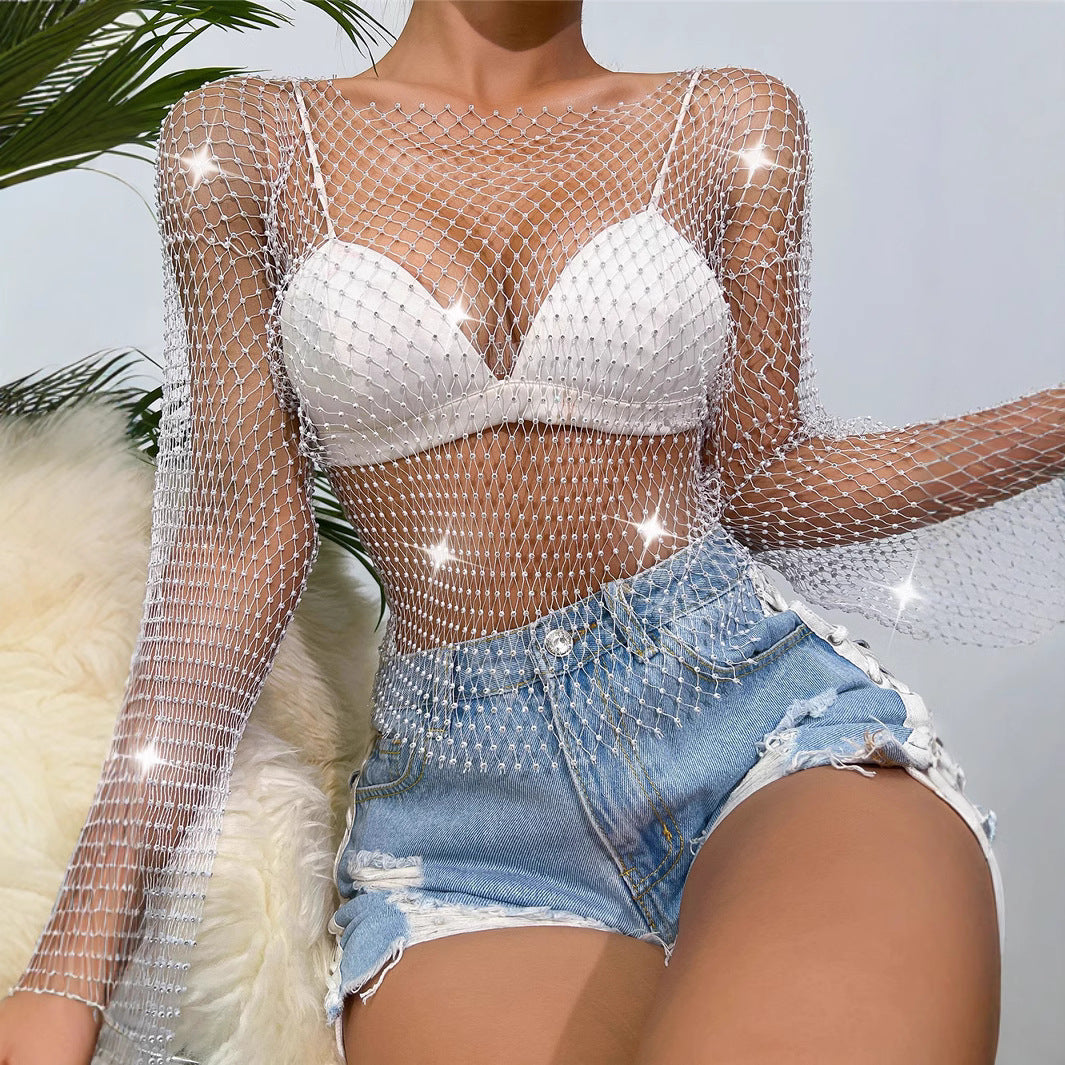 Fishnet Rhinestone Sexy Hollow-Out Summer Beach Womens T-Shirt Top