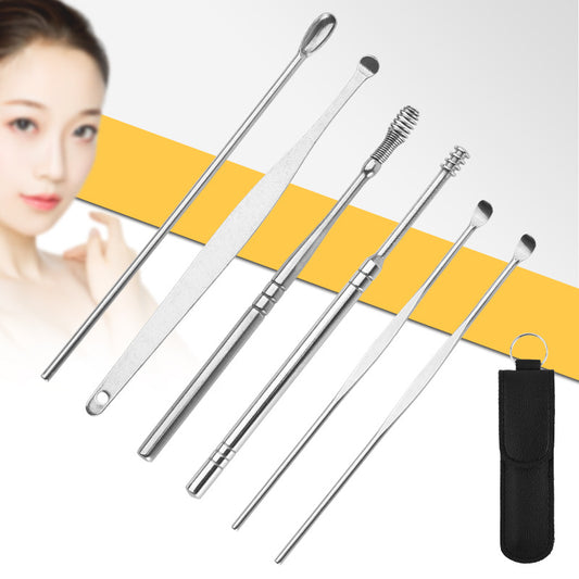 Stainless Steel Ear Pick Leather Suit 6-piece Set