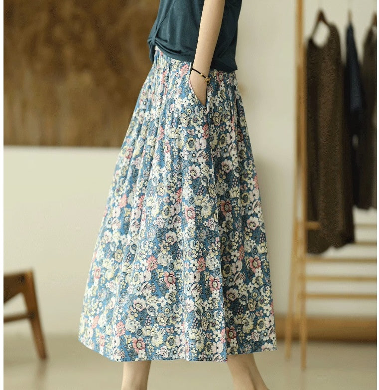 High Waist Retro Printed A- Line Loose Floral Skirt