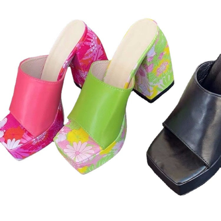 Fish Mouth Slippers Women's Heel Thick Sole Large Square