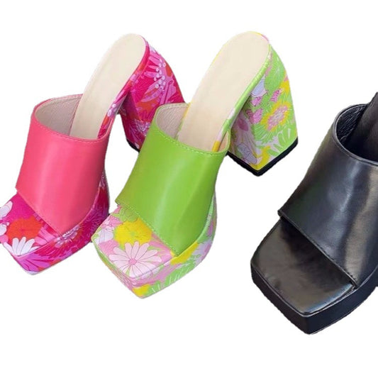 Fish Mouth Slippers Women's Heel Thick Sole Large Square