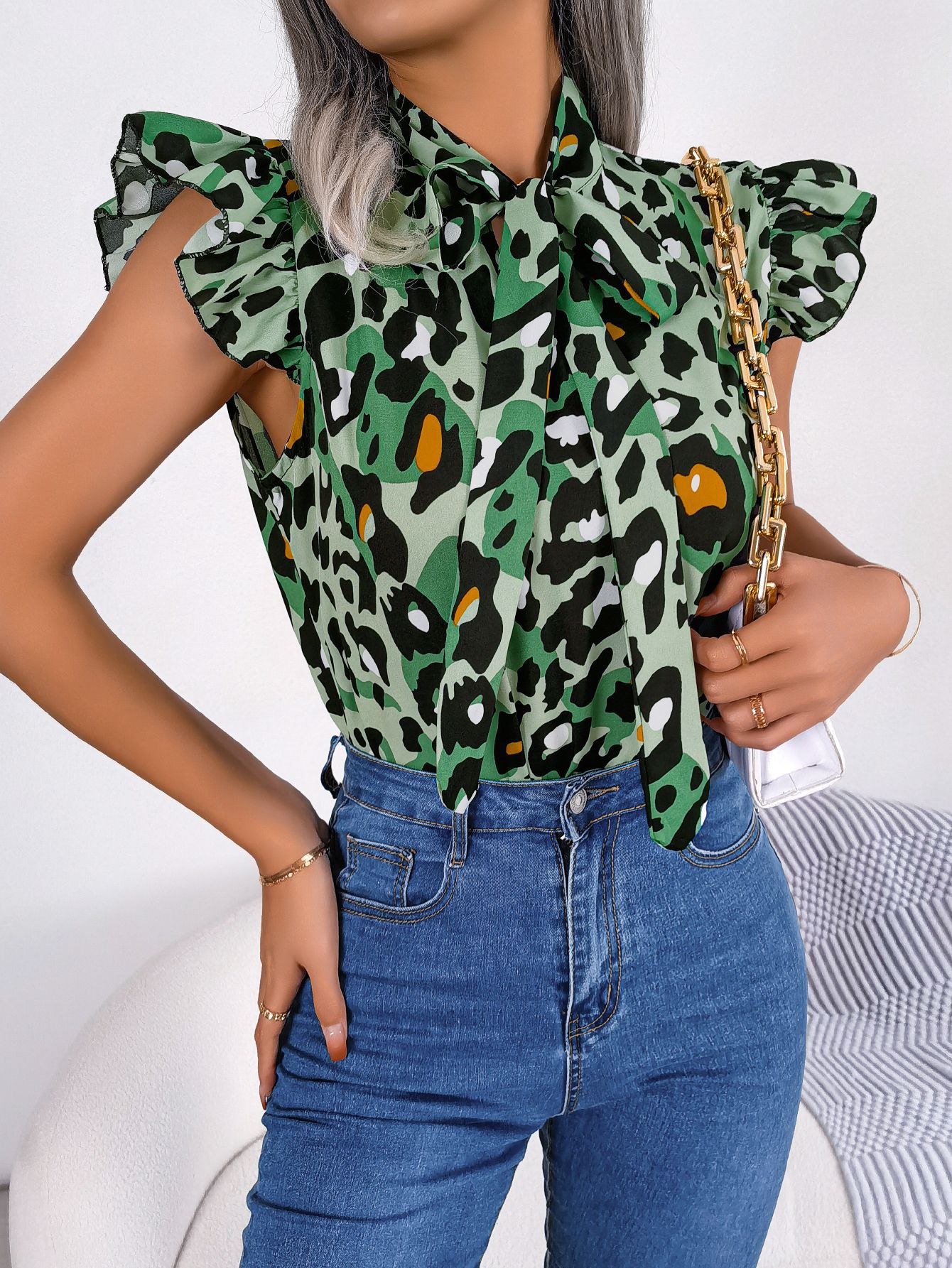 Casual Leopard-Print Ruffle-Trim Lace-Up Chiffon Top