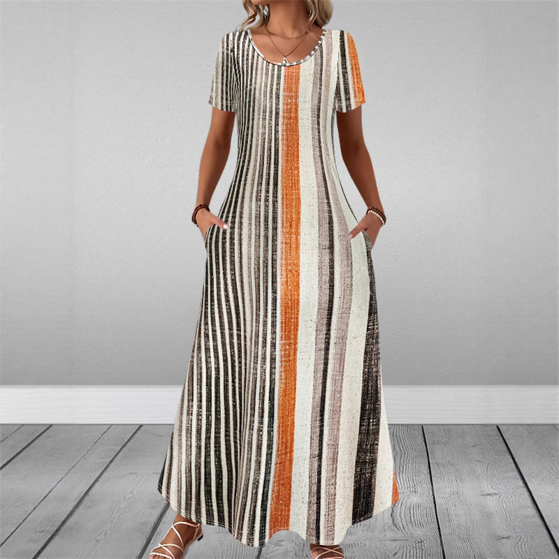 Round-neck Short-sleeve Printed Dress With Patch Pockets