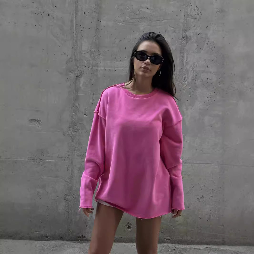Afslappet ensfarvet langærmet sweatshirt med rund hals