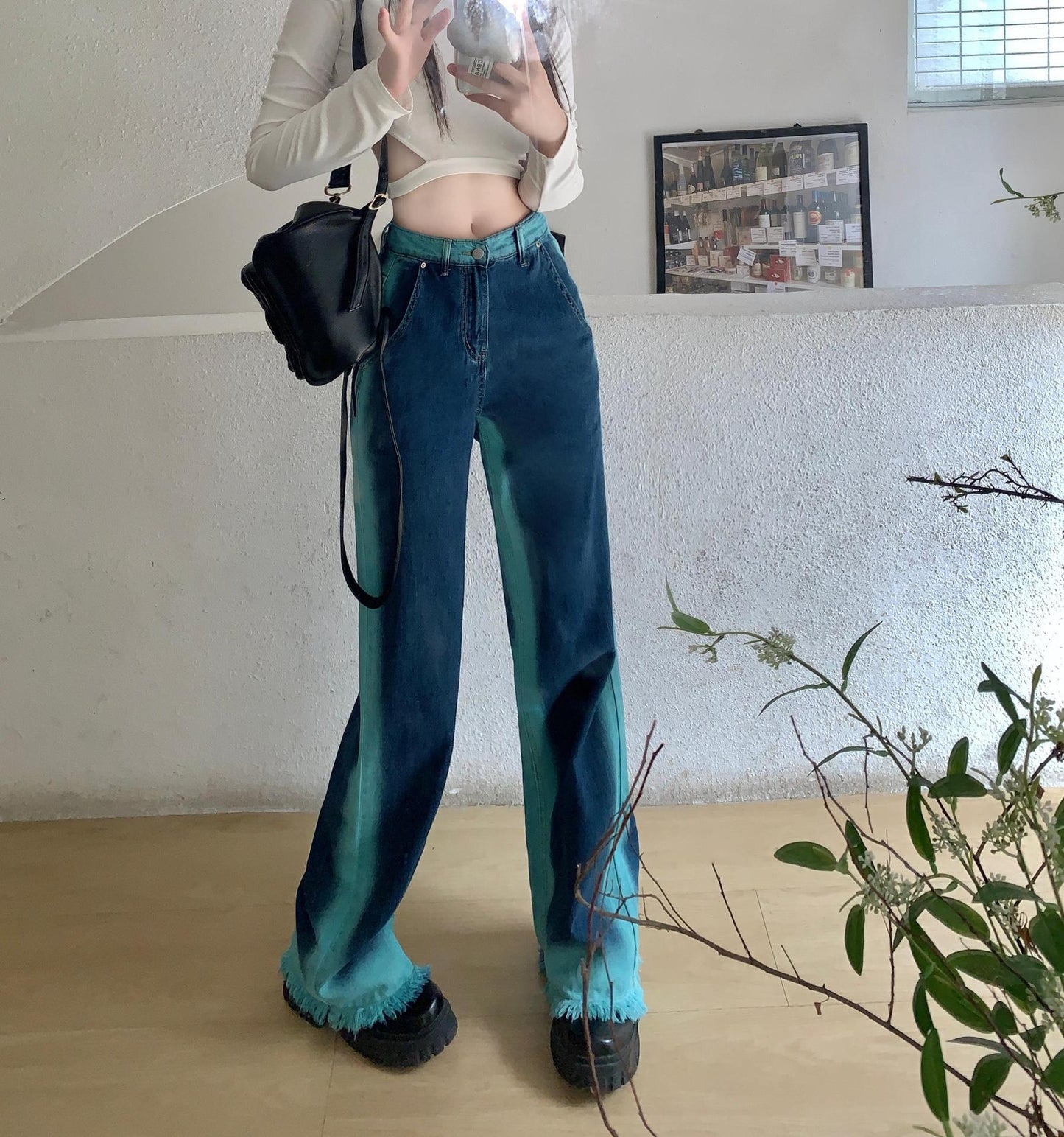 Street Color Jeans With Wide Legs And Raw Hem