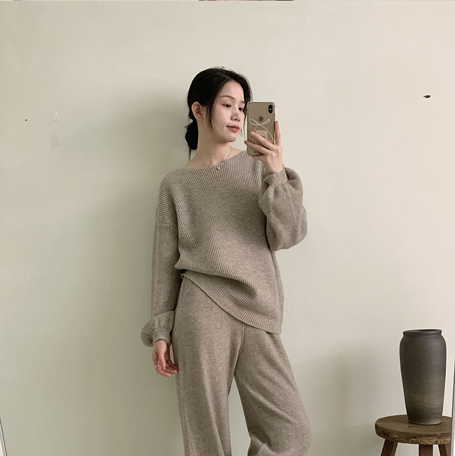 Knitted Sweater Suit Women's Loose Crew Neck Top Wide-leg Pants