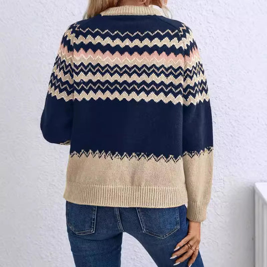 European And American Women's Clothing Sweater Fashion Round Neck Knitted Top Classic Striped Color Matching
