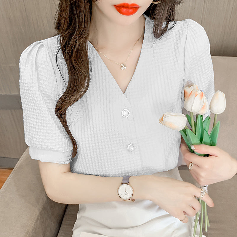 Women's New Temperament V Neck Puff Sleeve Top Short Sleeve Shirt
