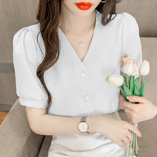 Women's New Temperament V Neck Puff Sleeve Top Short Sleeve Shirt
