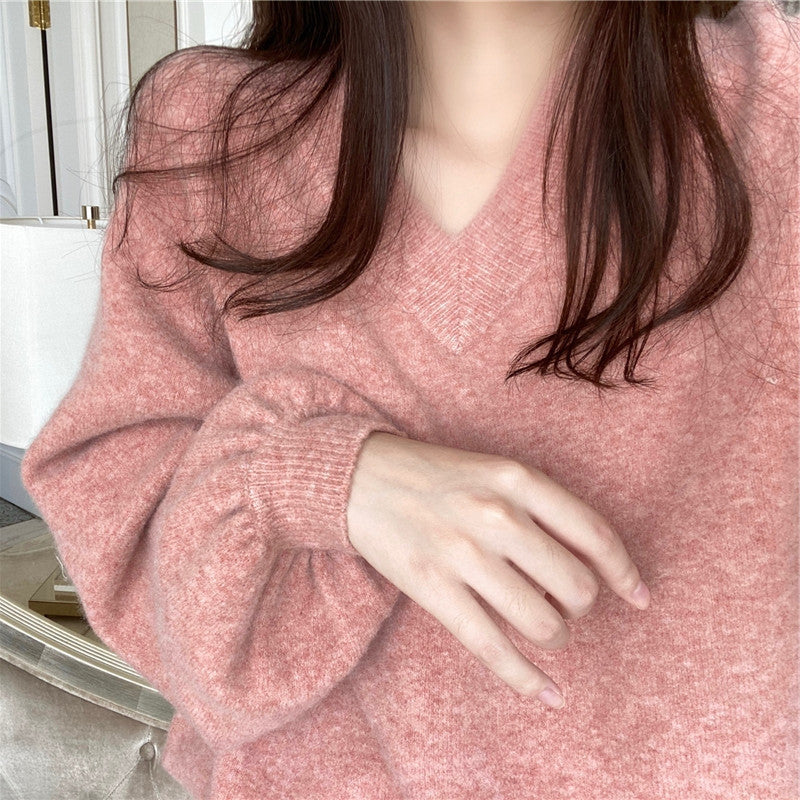 Female Pure Color All-matching Loose V-neck Sweater