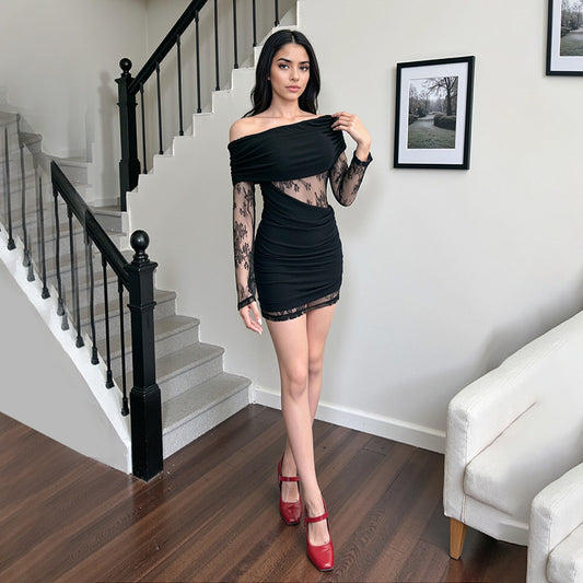 Off-Shoulder Lace-Patchwork Sheer Bodycon Dress Autumn Style For Women