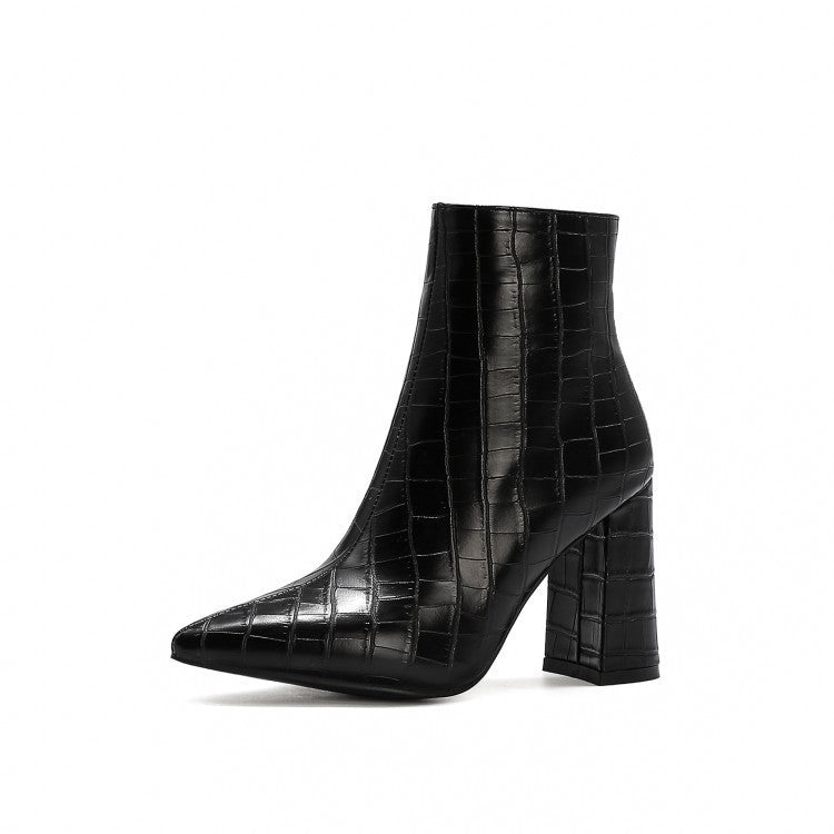Stone Print Block Pointed Toe High Heel Boots