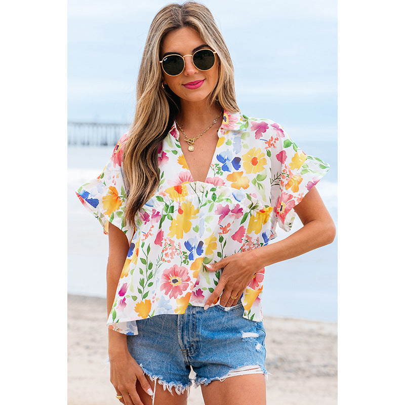 European And American Fashion Floral Printed V-neck Pullover