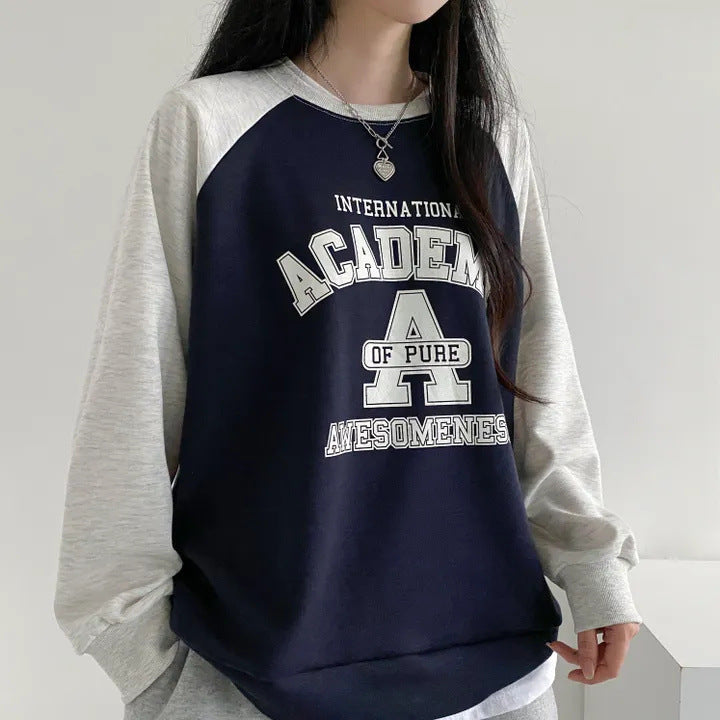 Women's Patchwork Pattern Sweater Springautumnwinter Korean Style Fleece-lined