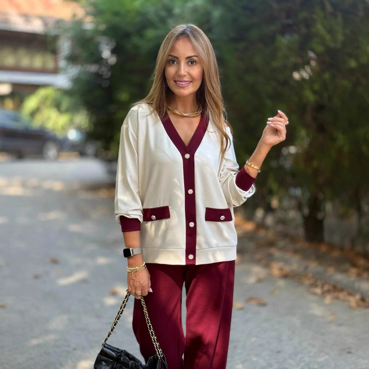 New Coat Casual Contrast Color V-neck Knitted Cardigan Long-sleeve Suit