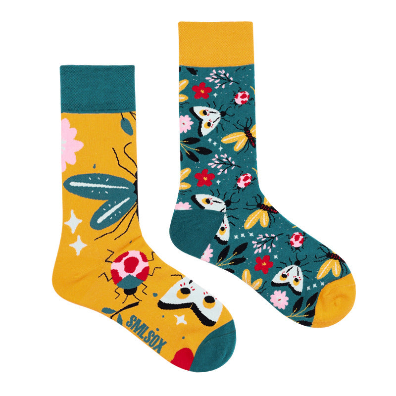 Asymmetrical Color Retro Personality Male And Female Couple Mid-length Cotton Socks