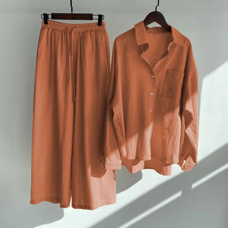 Women's 2-piece Retro Plus Size Cotton Linen Shirt Outfit High Waist Loose Trousers